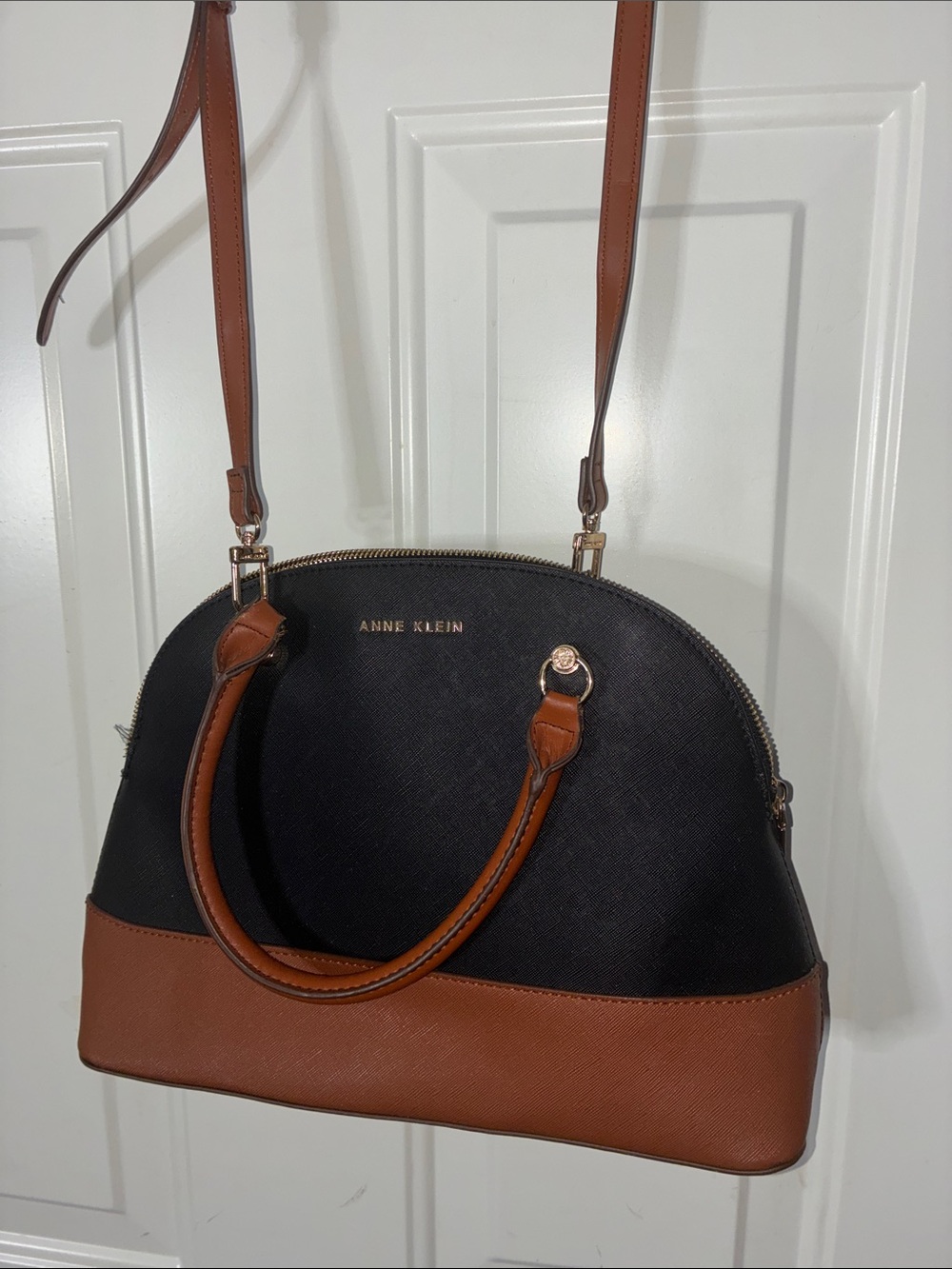 Anne Klein Black and Brown Two-Tone Dome Satchel